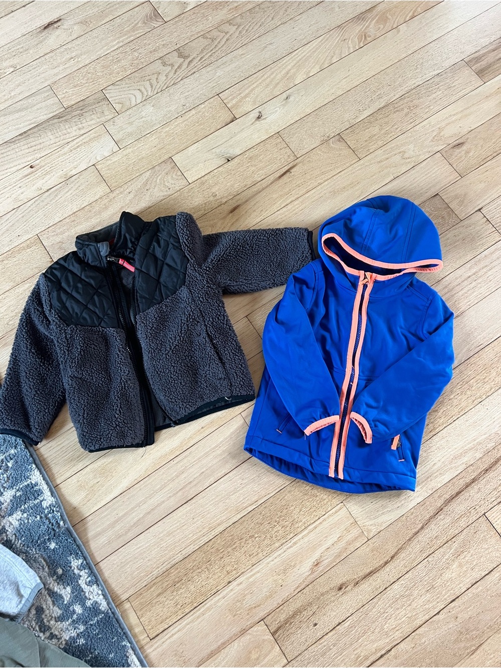 Kids Blue Hooded Jacket with Pink Trim + Gray Sherpa Zip Jacket